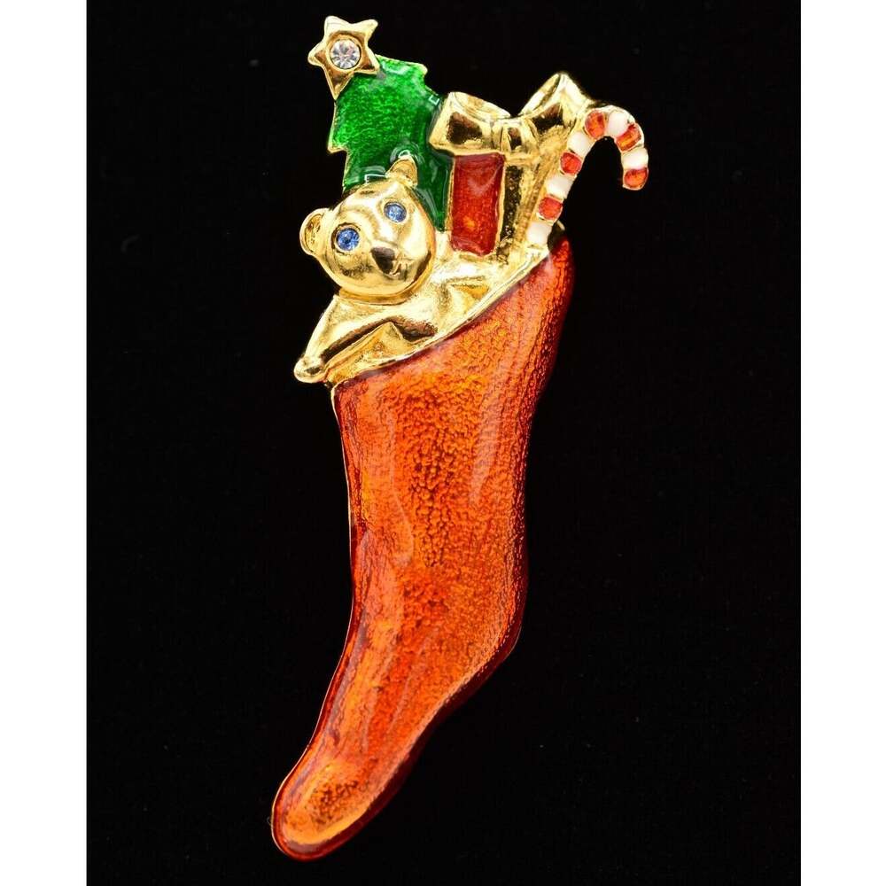 Carolee Vintage Christmas Stocking Pin Brooch Holiday Toys Enamel Signed BinAQ